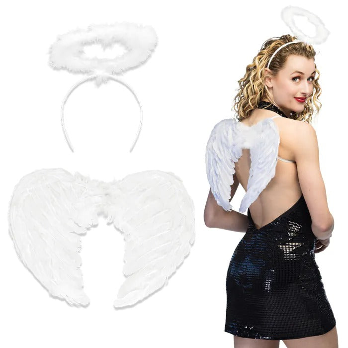 ანგელოზის ნაკრები თეთრი ფრთები და შარავანდედი