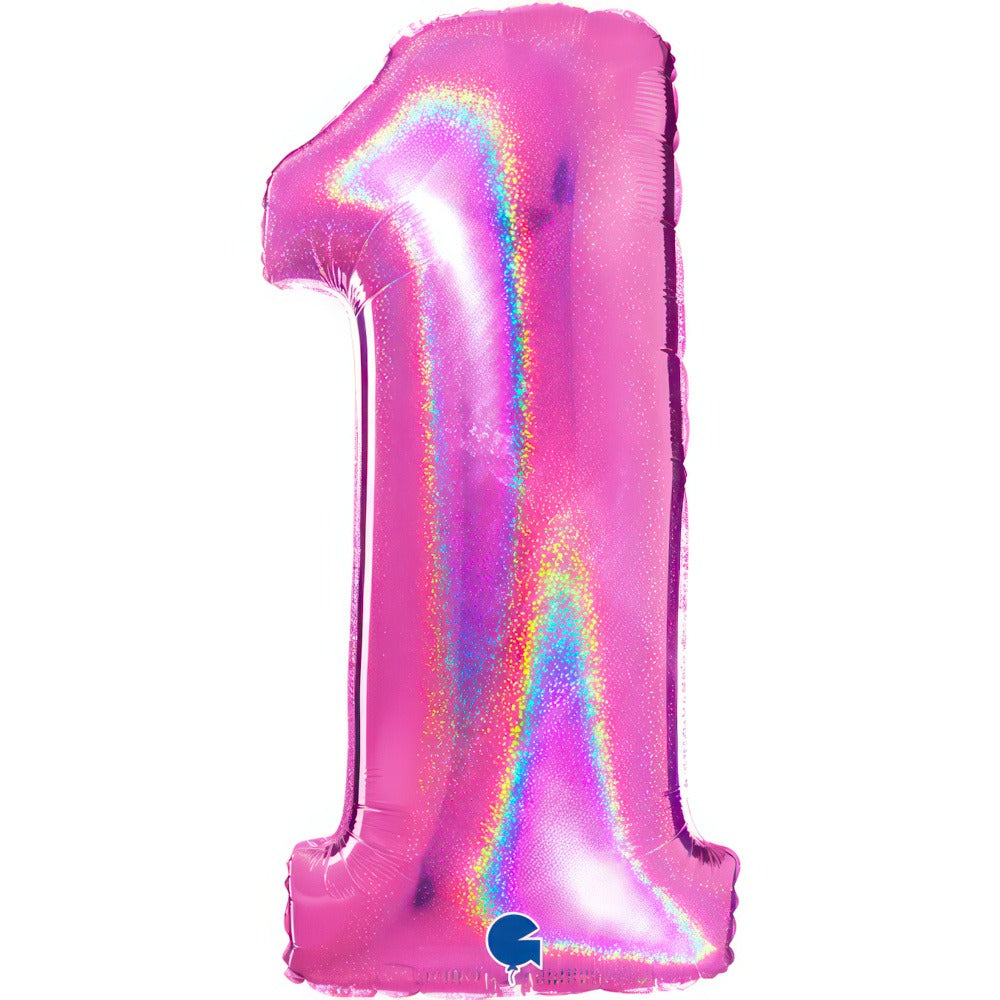 Holographic pink foil balloon with numbers 102 cm