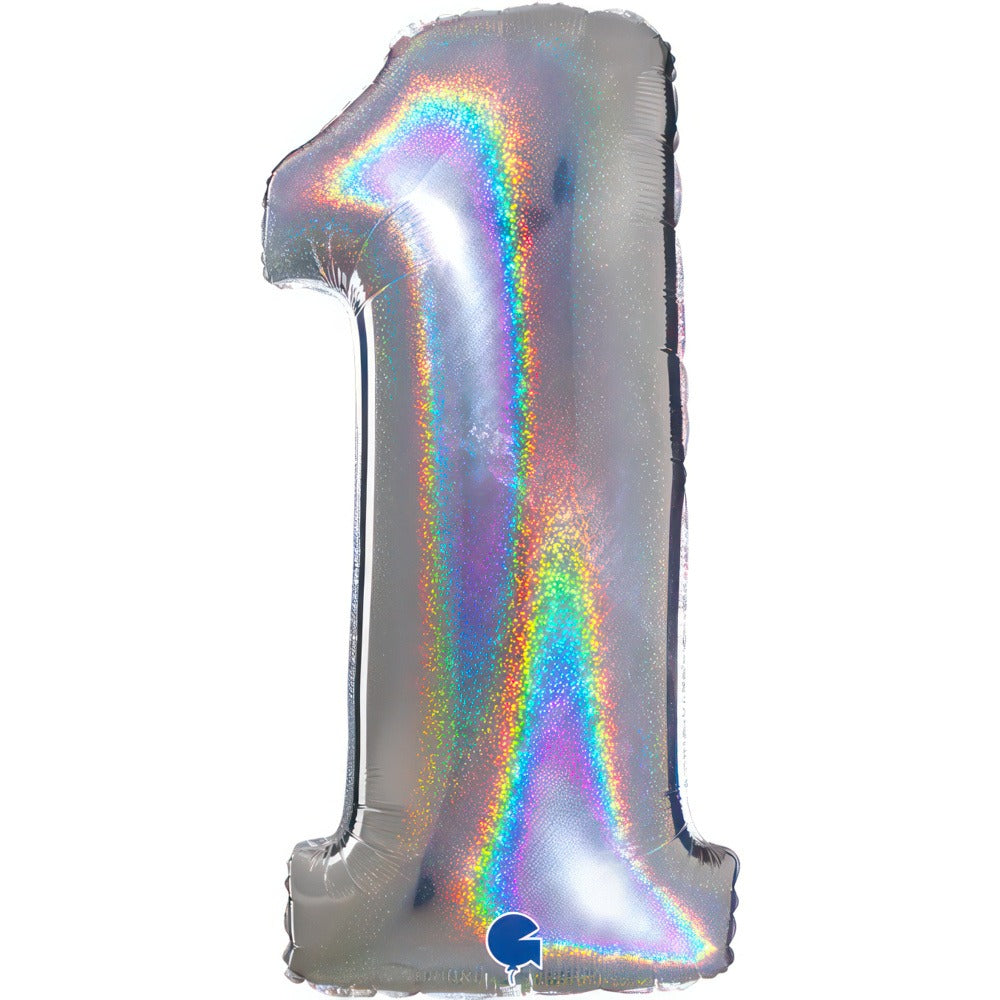 Holographic silver foil balloon with numbers 102 cm