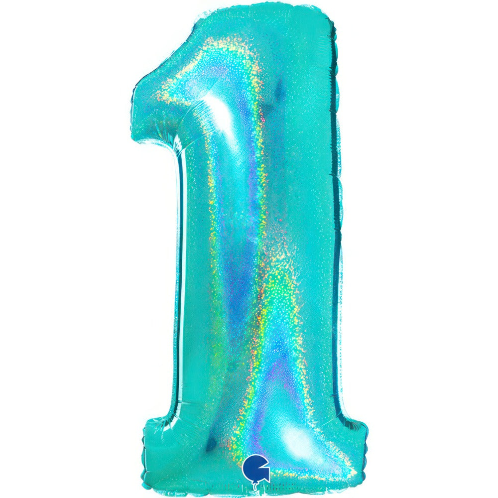 Holographic Turquoise Foil Balloon Numbers 102 cm