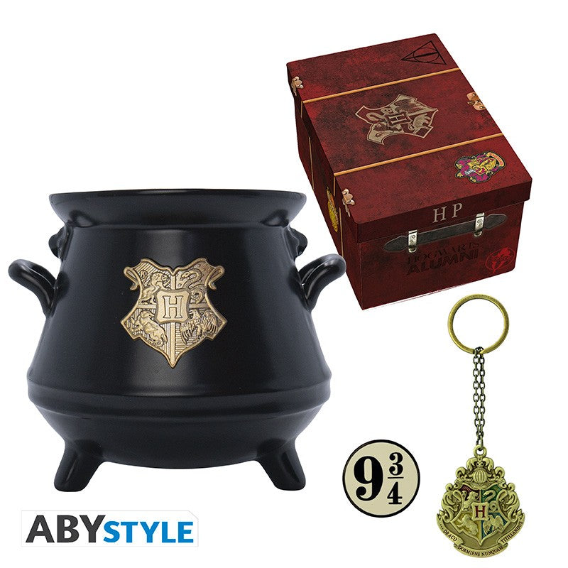 HARRY POTTER - სასაჩუქრე ნაკრები 3D ჭიქა+3D ბრელოკი+Pin Hogwarts' ჩემოდნით