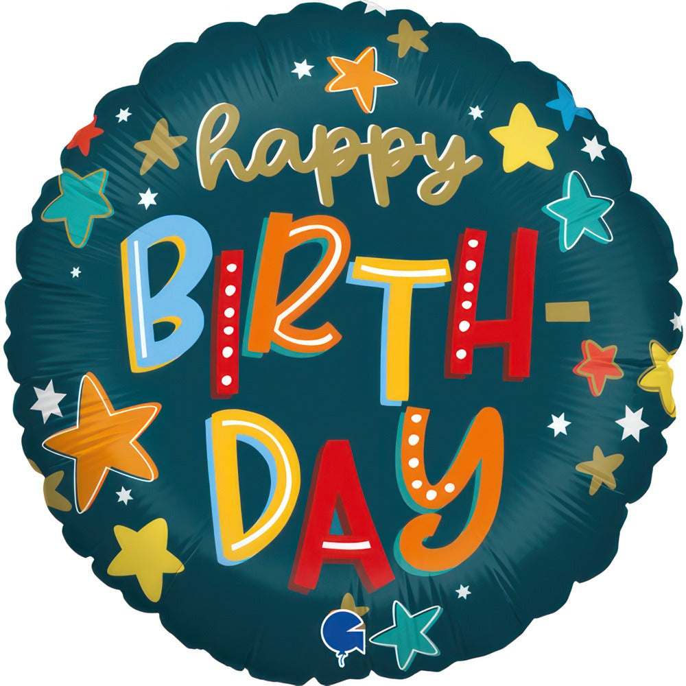 ფოლგირებული დაბ.დღის ბუშტი ფერადი ვარსკვლავებით 46სმ