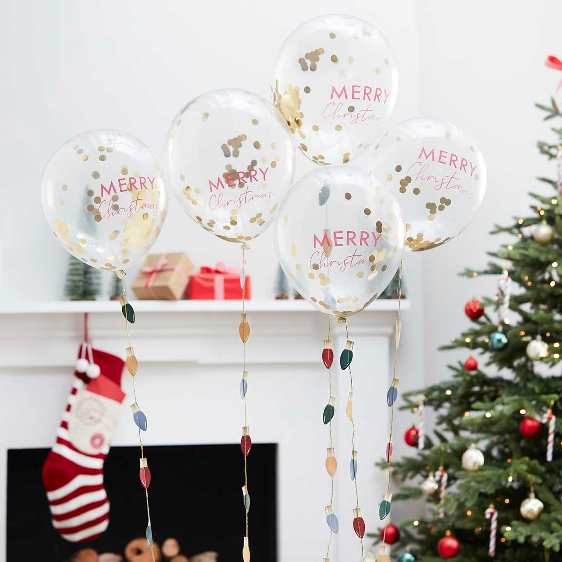 ლატექსის კონფეტებიანი ბუშტი Merry Christmas ფერად ნათურებიანი ლენტით 5ც