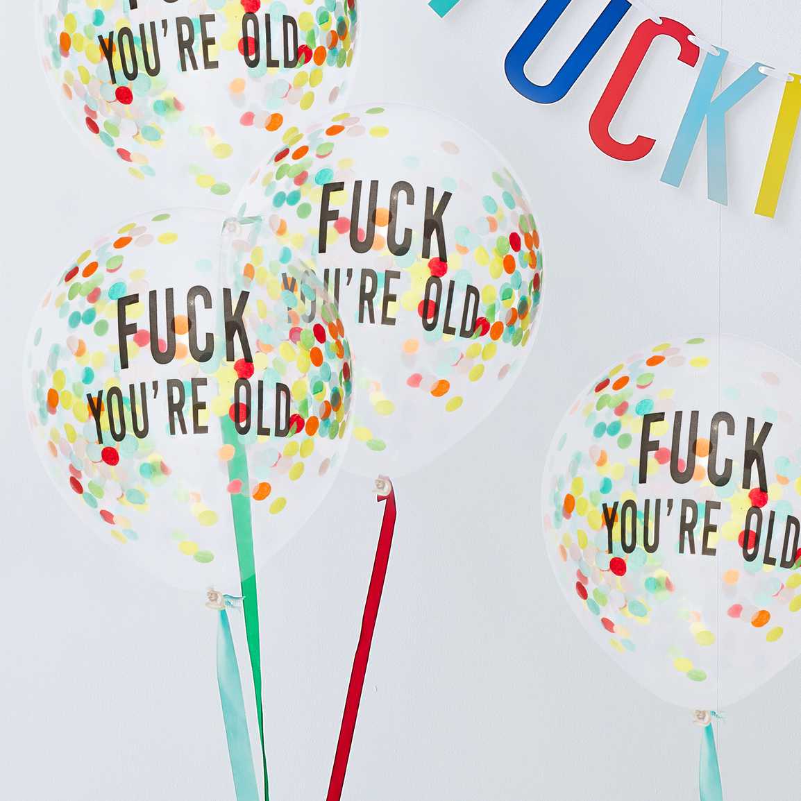 ლატექსის ბუშტი ფერადი კონფეტებით Fuck You're Old 5ც