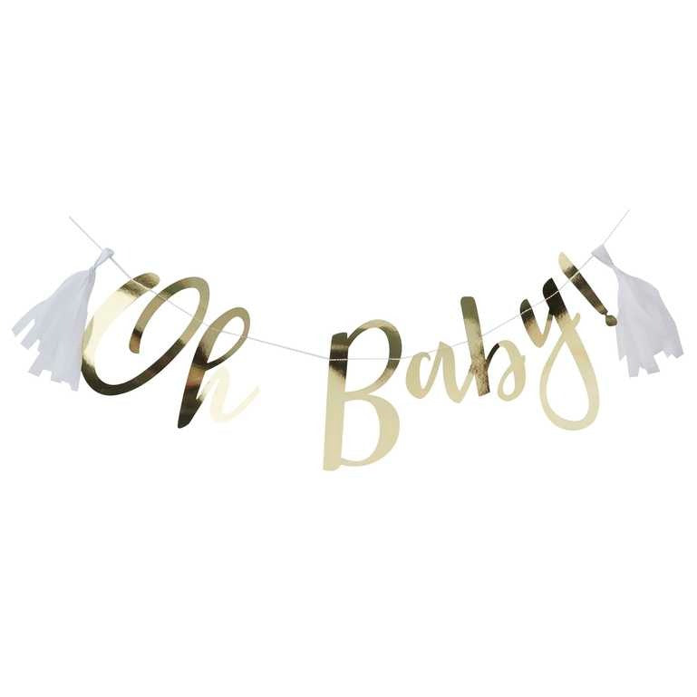 ოქროსფერი ბანერი ფოჩებით Oh Baby