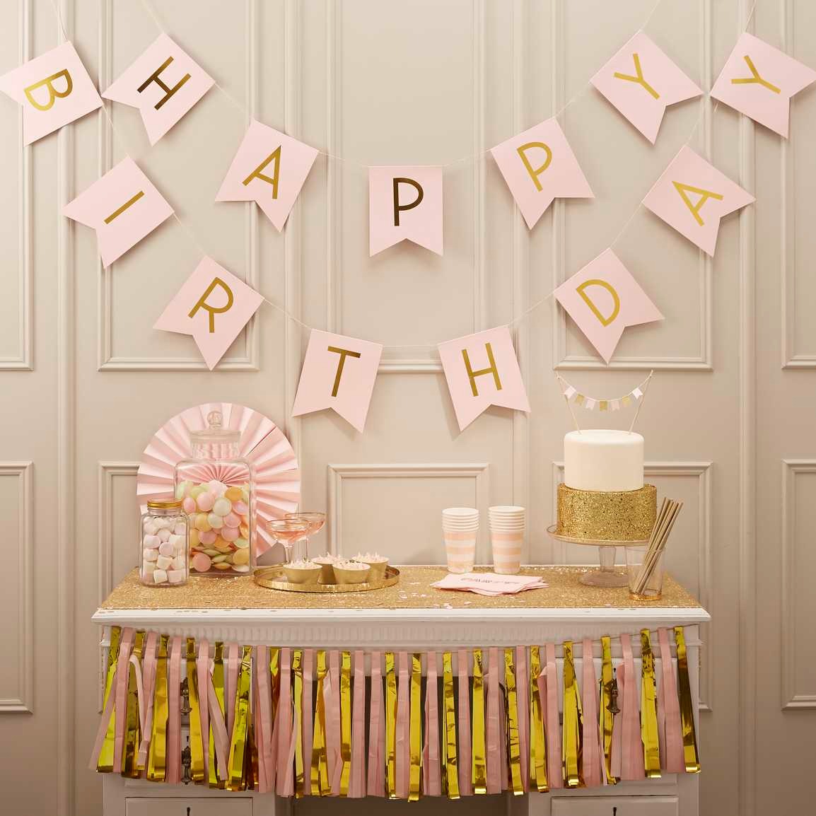 ბანერი Happy Birthday ვარდისფერ-ოქროსფერში 2მ