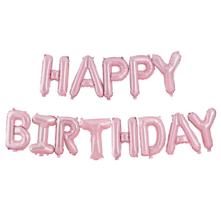 ბუშტების ბანერი Happy Birthday matte pink