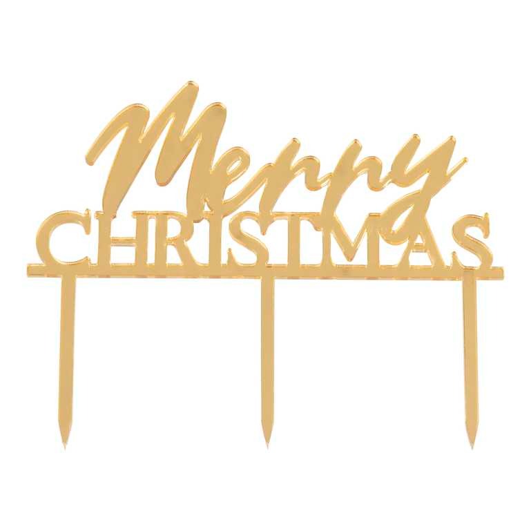ნამცხვრის დეკორაცია ოქროსფერი Merry Christmas 11სმ x 13სმ