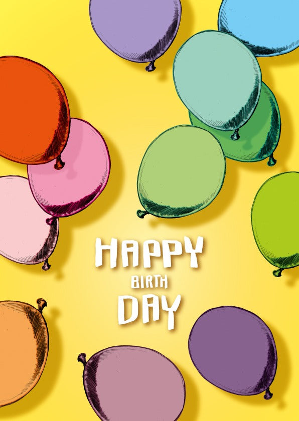 მისალოცი ბარათი Happy Birthday ყვითელ ფონზე ფერადი ბუშტებით