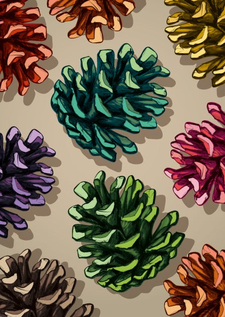 საახალწლო მისალოცი ბარათი სხვადაასხვა ფერის გირჩები