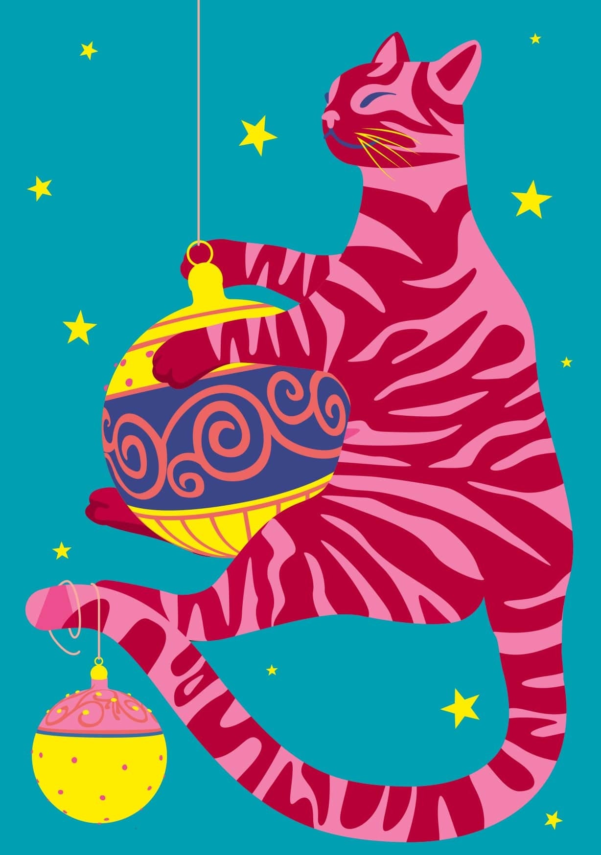 საახალწლო მისალოცი ბარათი ვარდისფერი კატა