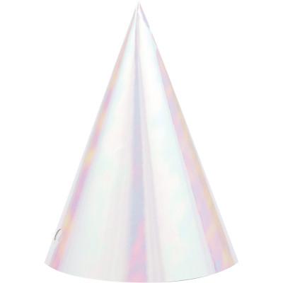 Birthday hats white shiny 8 pcs