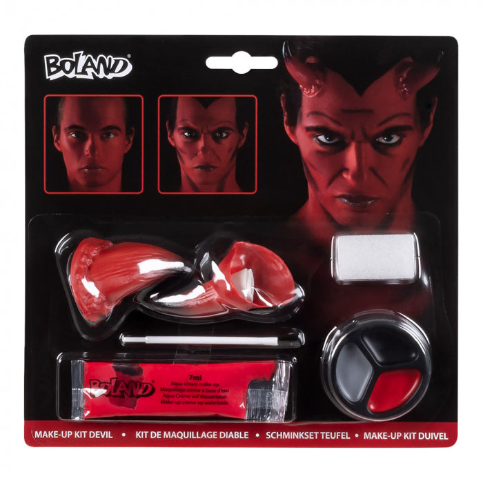 Devil makeup set (2 devil horns, oil face paint, aqua cream makeup, sponge and brush)