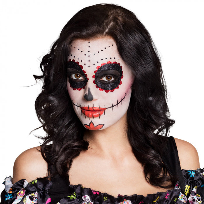 მაკიაჟის ნაკრები Day of the dead (2ც თვალის დეკორაცია, 20 შავი სტიკერი წერტილი, 2 ფანქარი, თეთრი საღებავი და ღრუბელი)