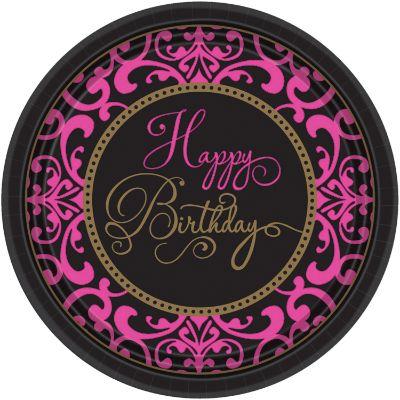 თეფშები ქაღალდის ჟოლოსფერი-შავი Happy Birthday 18ც