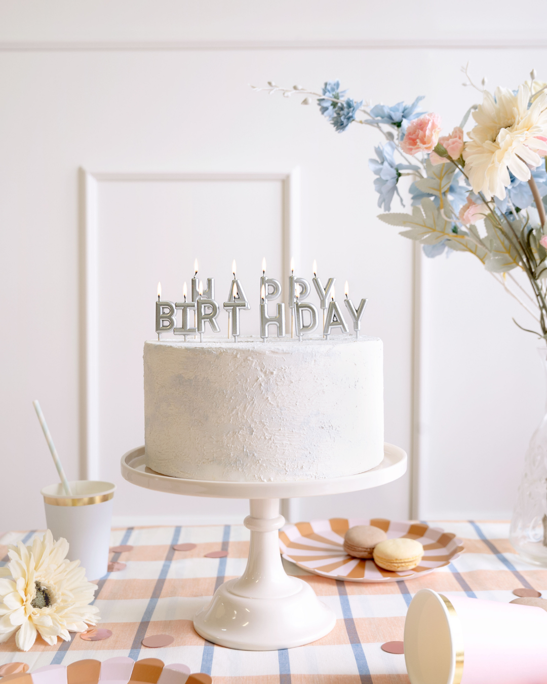 Silver candle with letters HAPPY BIRTHDAY 6.65 cm