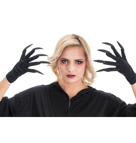 Black gloves with different colored glitter nails