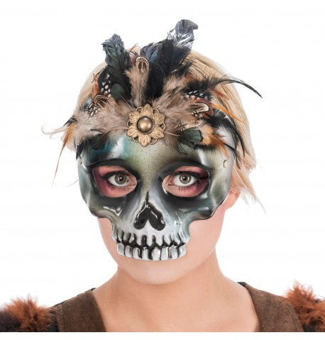 Half face mask with skull feathers