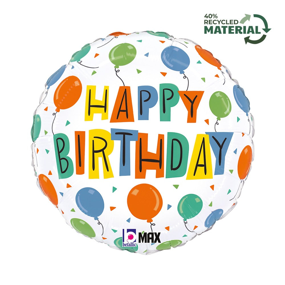 სტანდარტული ფოლგირებული ბუშტი happy birthday ფერადი ბუშტებით 35სმ