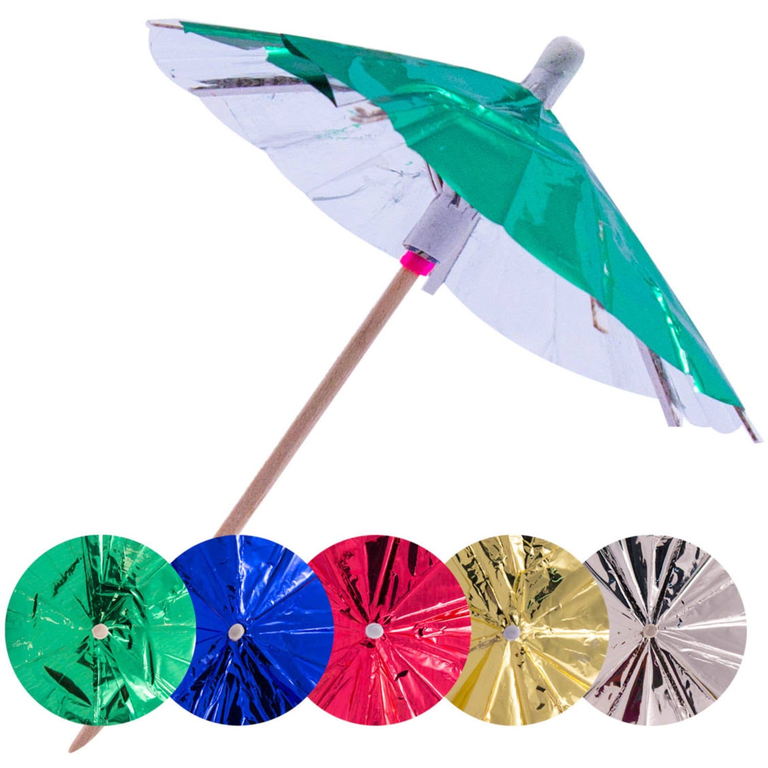 Wooden sticks, colored metallic umbrellas, 10 cm, 15 pcs