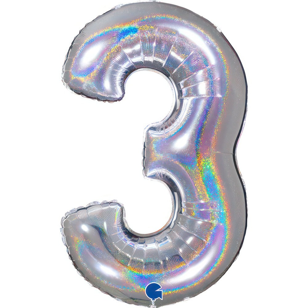 Holographic silver foil balloon with numbers 102 cm