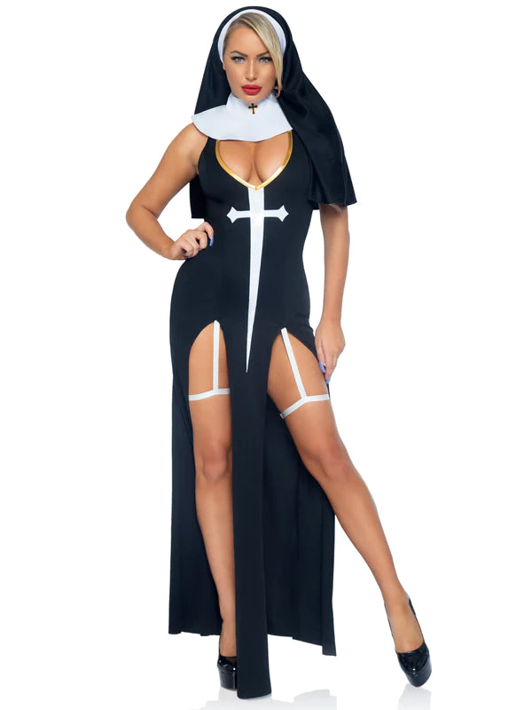 Long black and white nun costume in various sizes