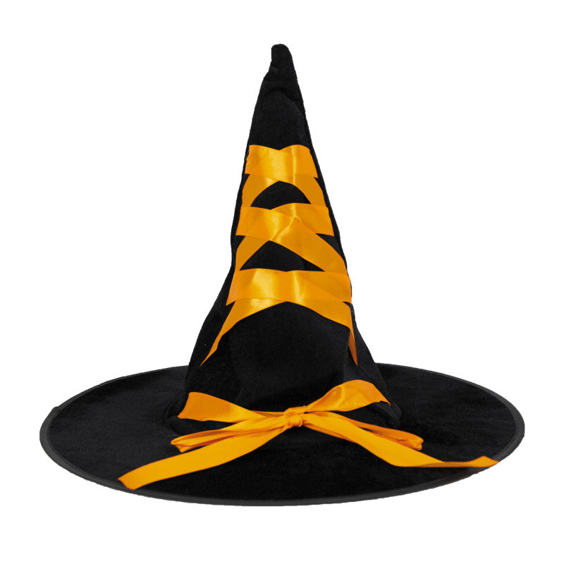 A witch's hat with a ribbon of different colors