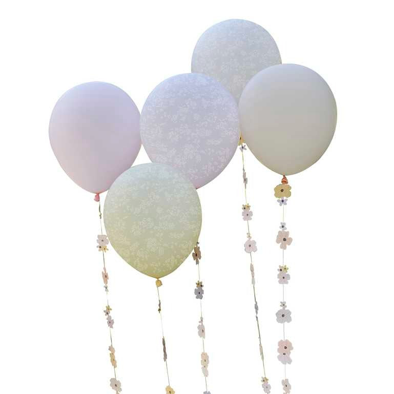 Bouquet of latex pastel balloons with floral ribbons 5 pcs