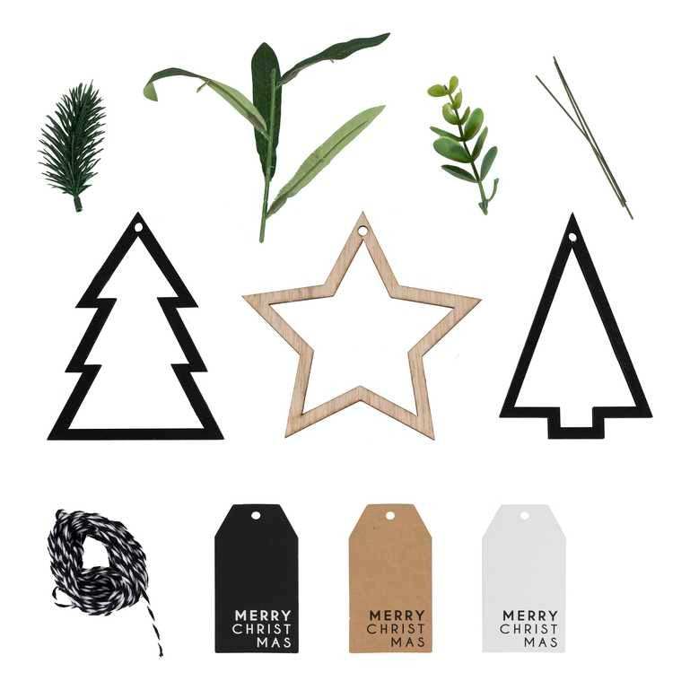 Gift wrapping set with black and white Christmas trees