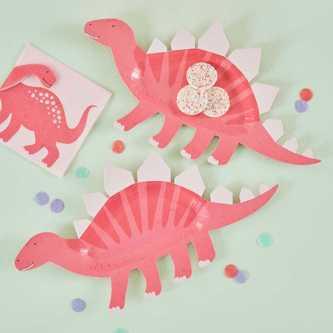 Paper pink dinosaur shaped plate 8 pcs