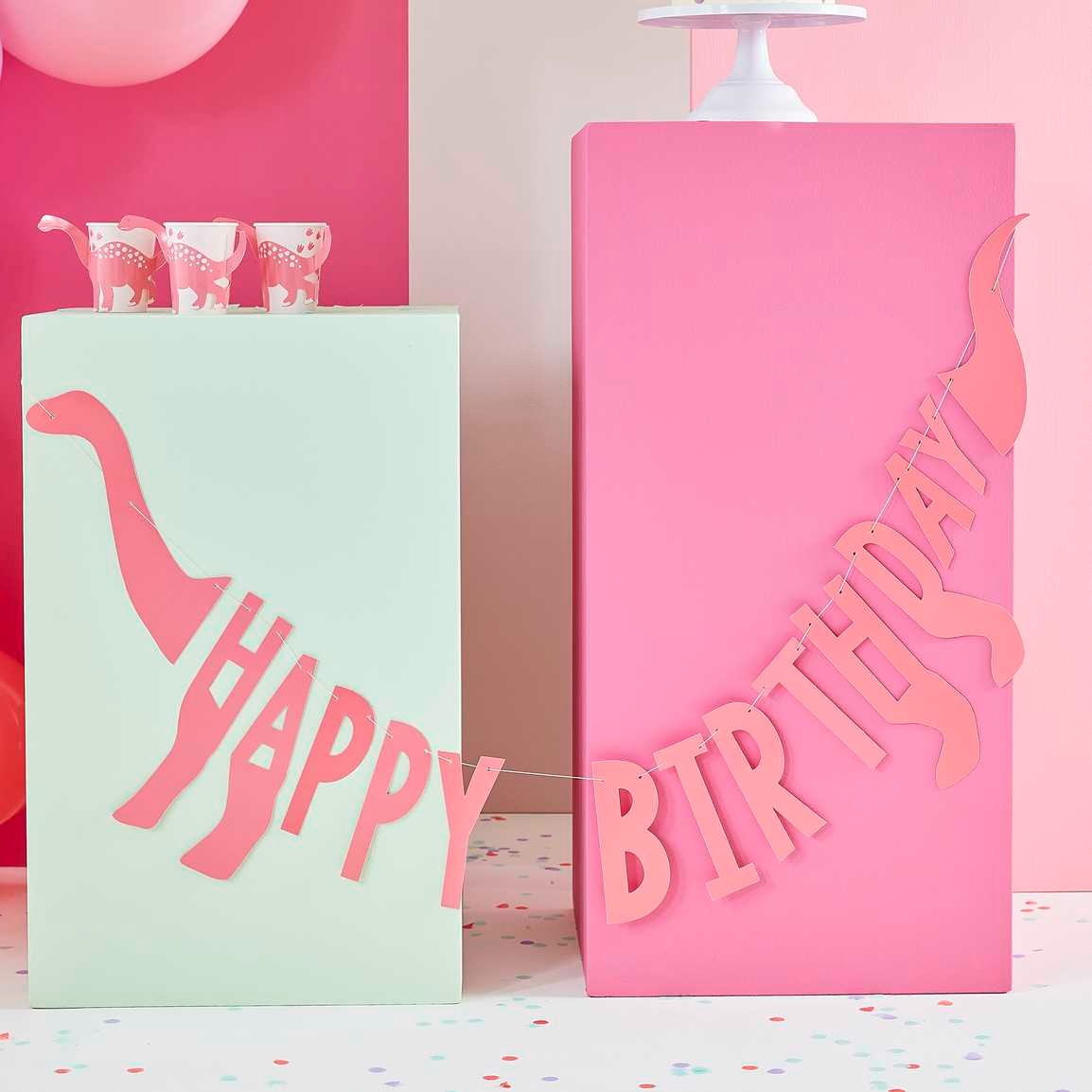 Banner Happy Birthday Dino pink 27cm x 137cm