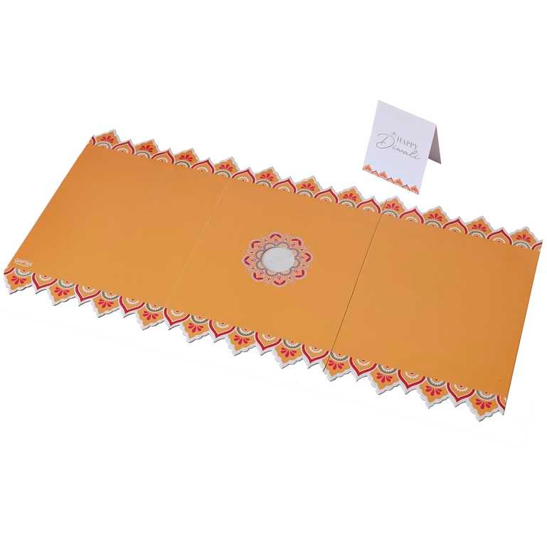 Table decoration with ornaments 1 x fold out Diwali grazing board measuring 394mm (H) x 800mm (W) and 1 x tent card measuring 280mm (H) x 110m (W).