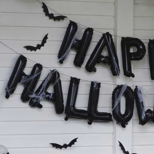 Balloon garland with Happy Halloween bats