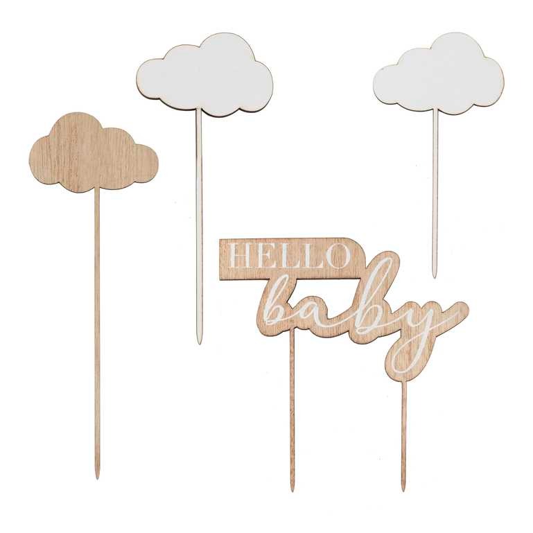 Cake decoration wooden Hello Baby and clouds