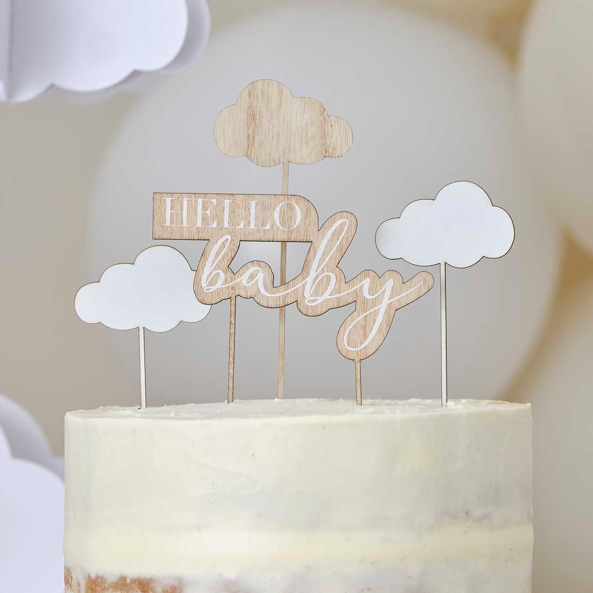Cake decoration wooden Hello Baby and clouds