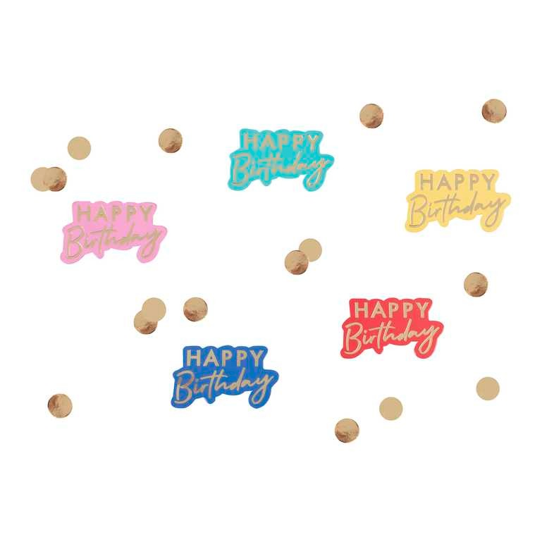 Confetti with colorful Happy Birthday and golden circles 13g