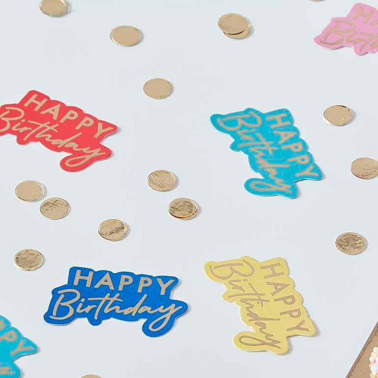 Confetti with colorful Happy Birthday and golden circles 13g