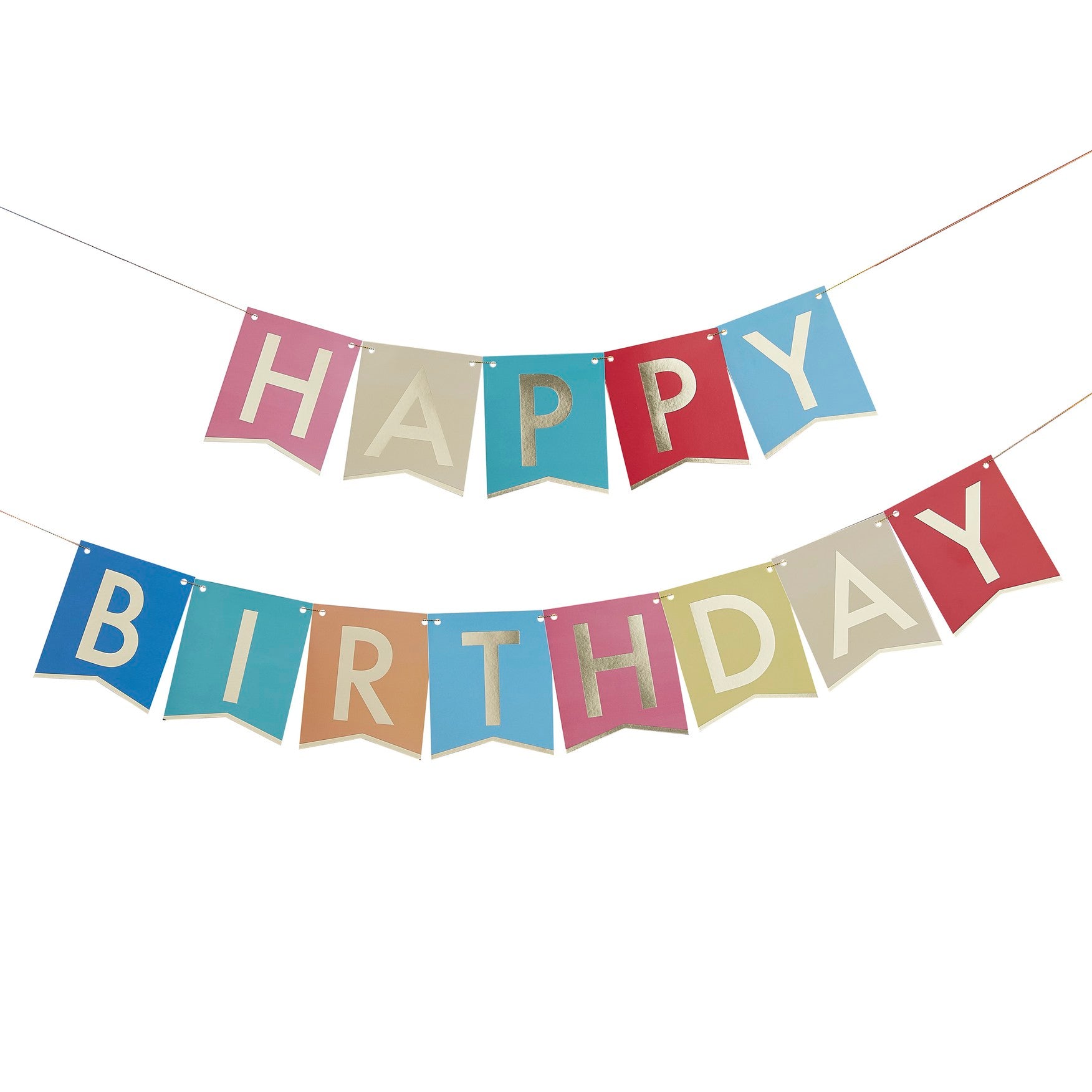Birthday banner with colorful flags and golden lettering 2 x 1.7 m