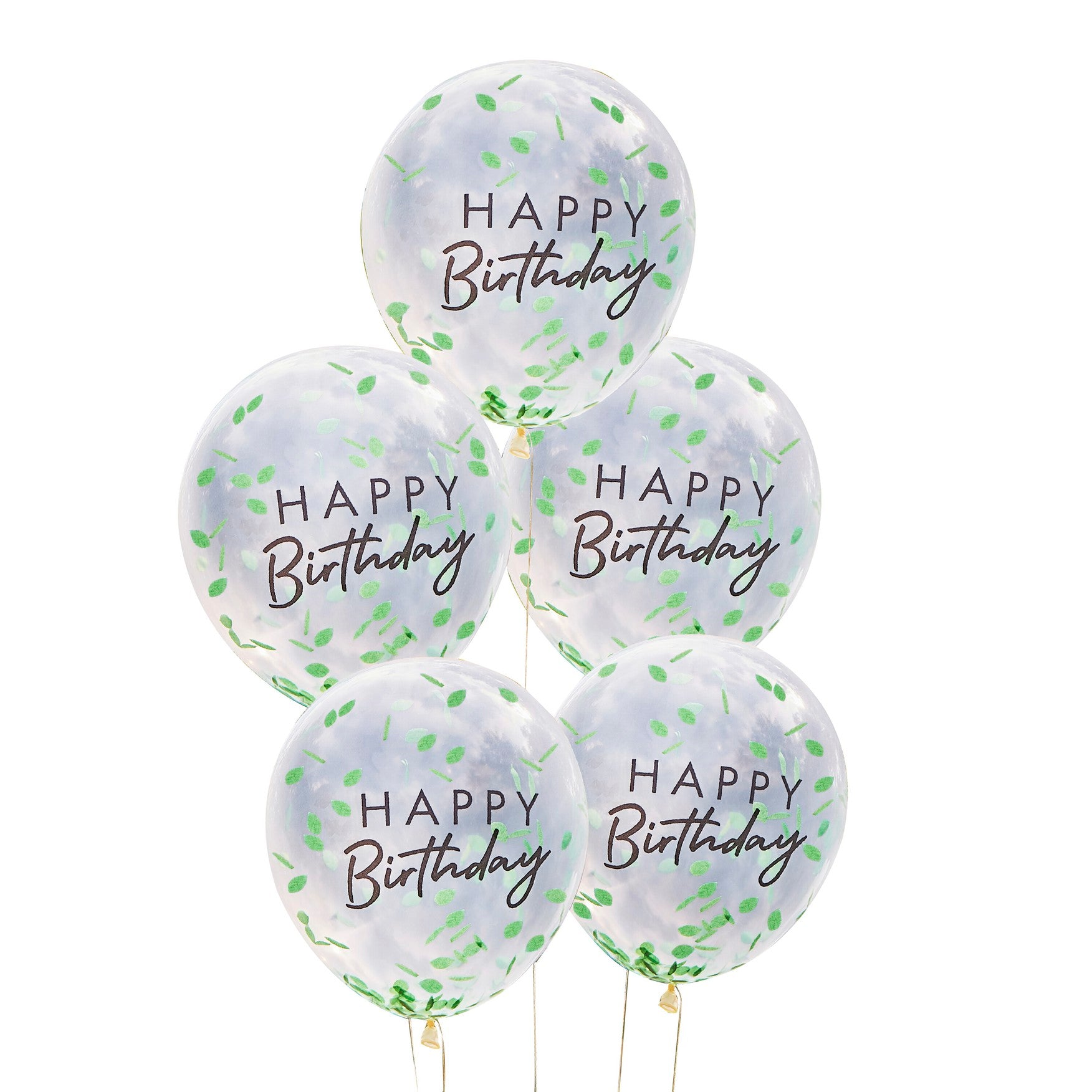 Bunch of latex balloons with Happy Birthday leaf confetti 5 pcs