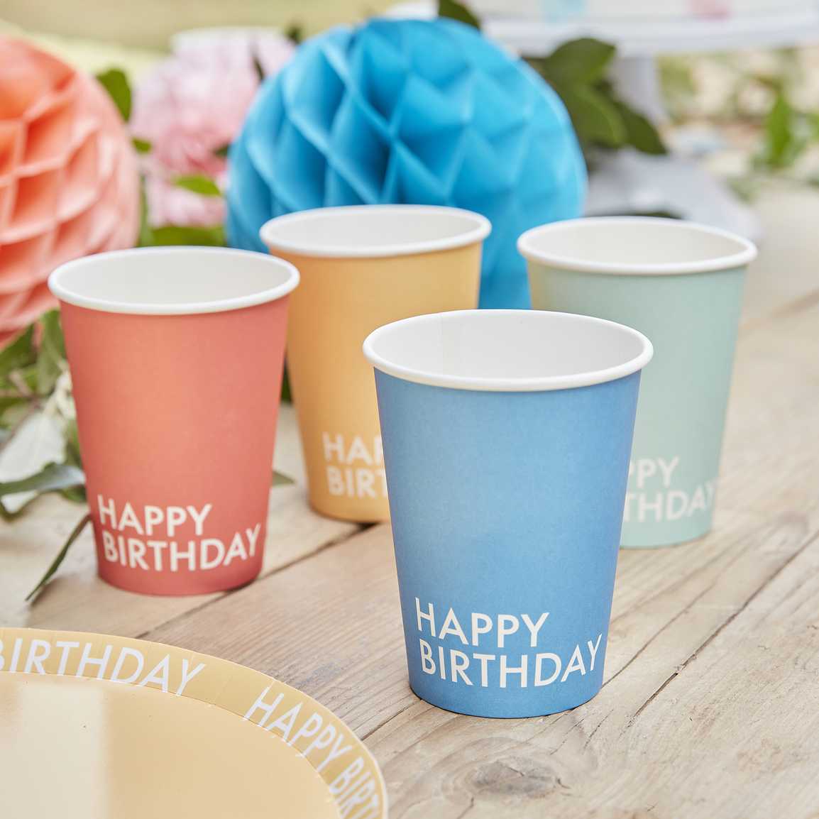 Paper cup 4 colors Happy Birthday 8 pcs