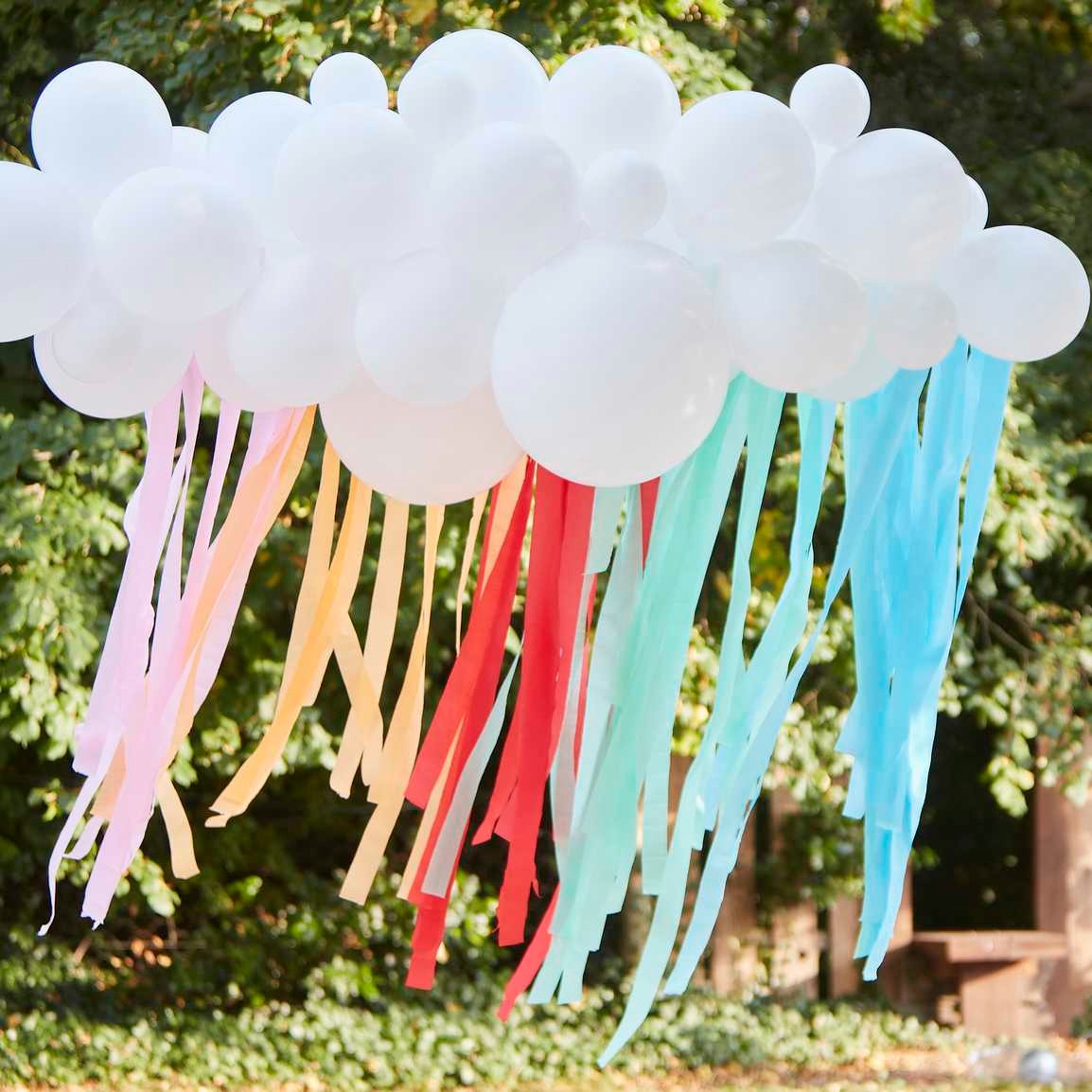 Balloon garland cloud with colorful ribbons (40 balloons and 100m paper)