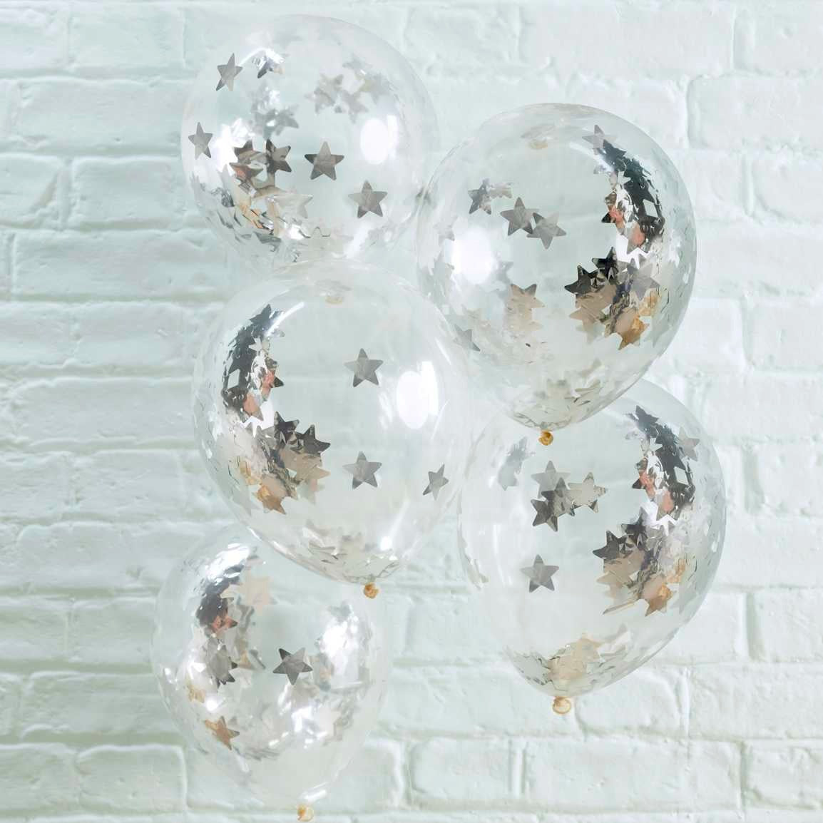 Latex balloon with silver star-shaped confetti 5 pcs