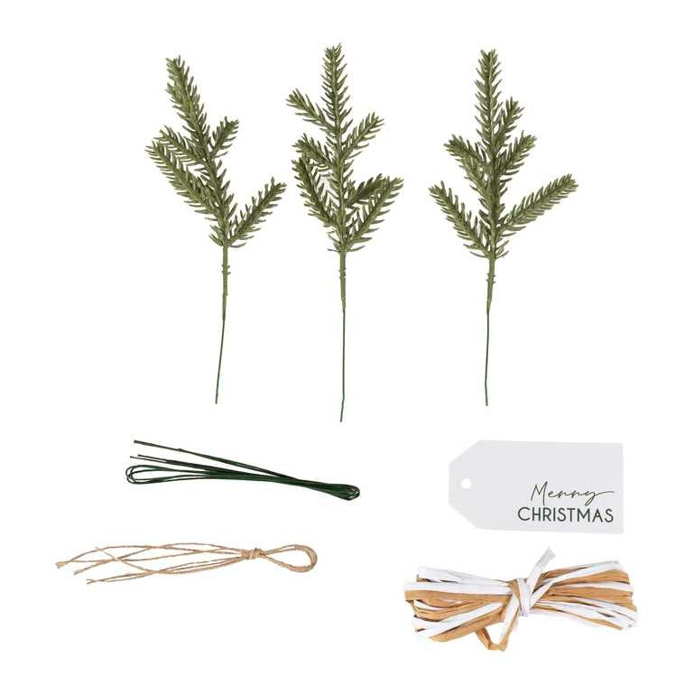 Gift wrapping set with decoration of Christmas tree branches
