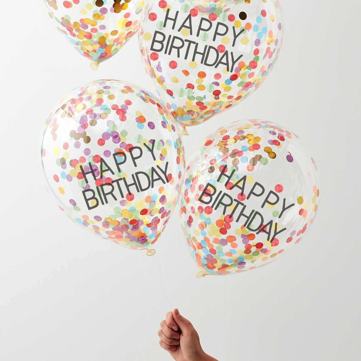 ლატექსის ბუშტი Happy Birthday ფერადი კონფეტებით 5ც 30.5 სმ