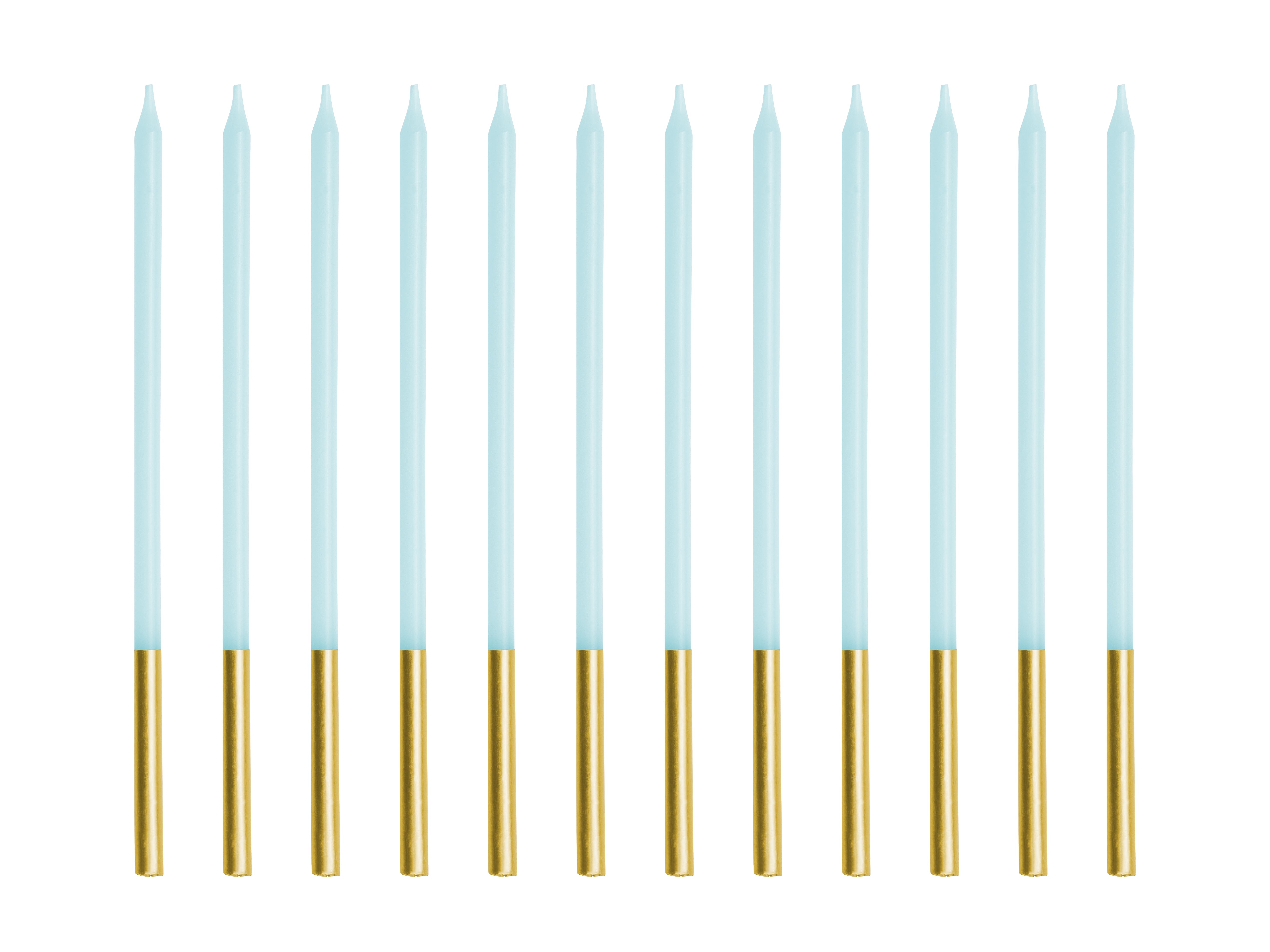 ცისფერი გრძელი სანთლები ოქროსფრით 14სმ 12ც