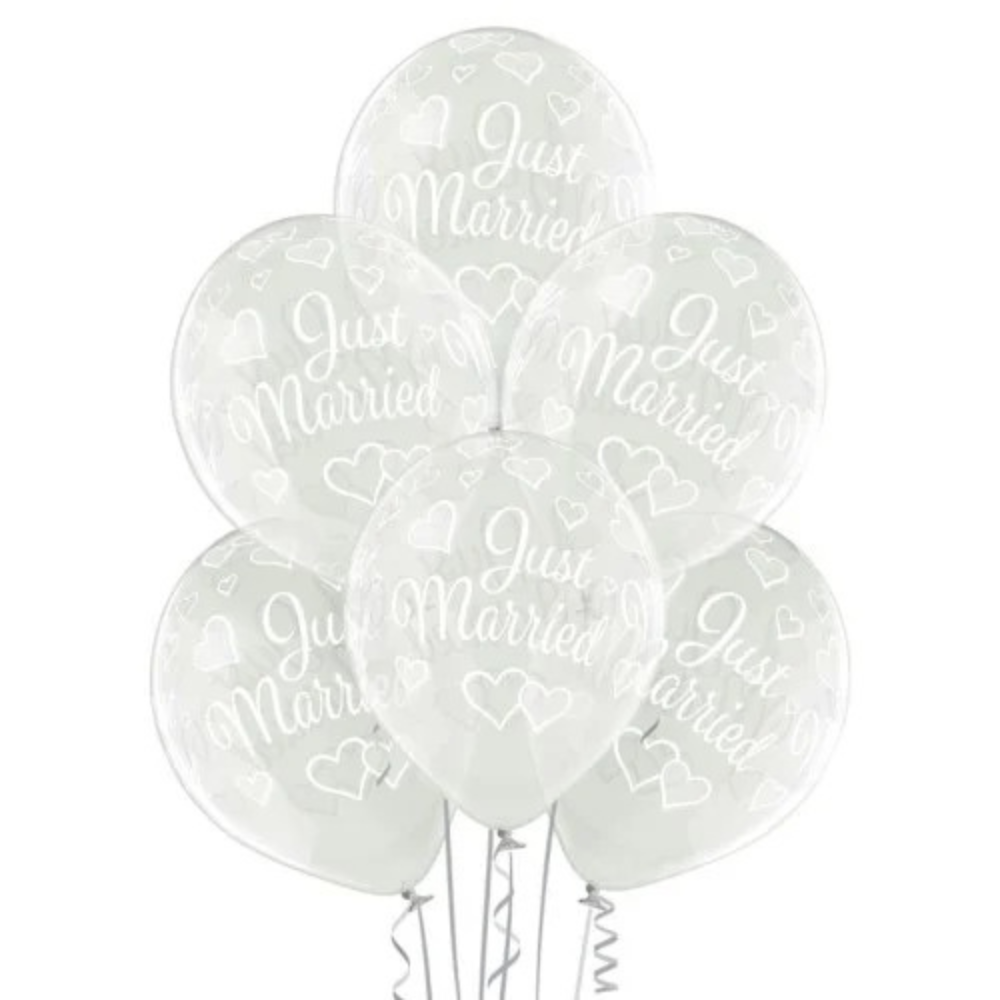 Bouquet of balloons with transparent hearts Just Married 6 pcs