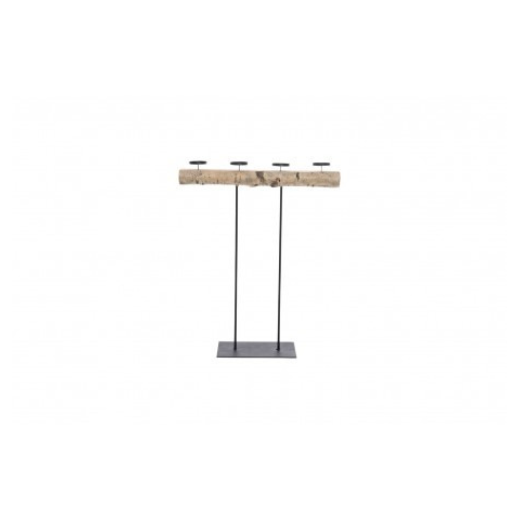 Metal candle holder with birch wood detail DIA 7-10 cm LG 90 cm X 109 cm