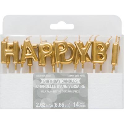 დაბადების დღის ოქროსფერი სანთელი ასოებით HAPPY BIRTHDAY 6,65 სმ
