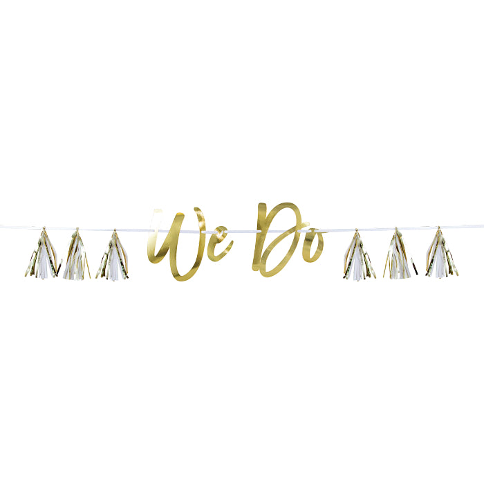 Banner with white and gold stripes "WE DO"