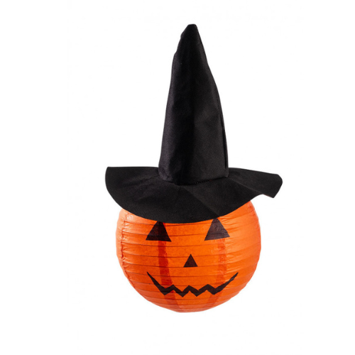 A lantern with a pumpkin hat